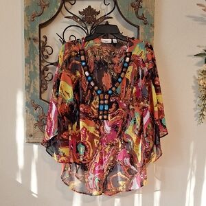 Pink/Orange Flutter Sleeve Jewel Embellished Tunic. NWOT Size L